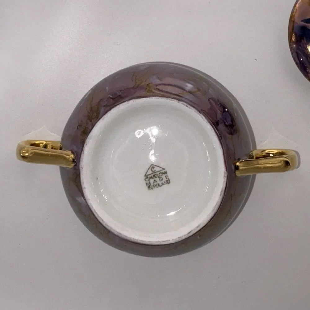 Vintage Cmielow Poland Tea Set Teapot Creamer Sugar Bowl 2 Saucers Purple Gold
